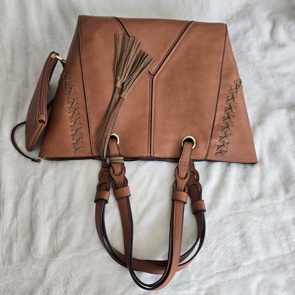 Boho Whipstitch Tassel Tote Camel‎ Pebbled Faux Leather Slouchy Western Chic Bag - Picture 8 of 16